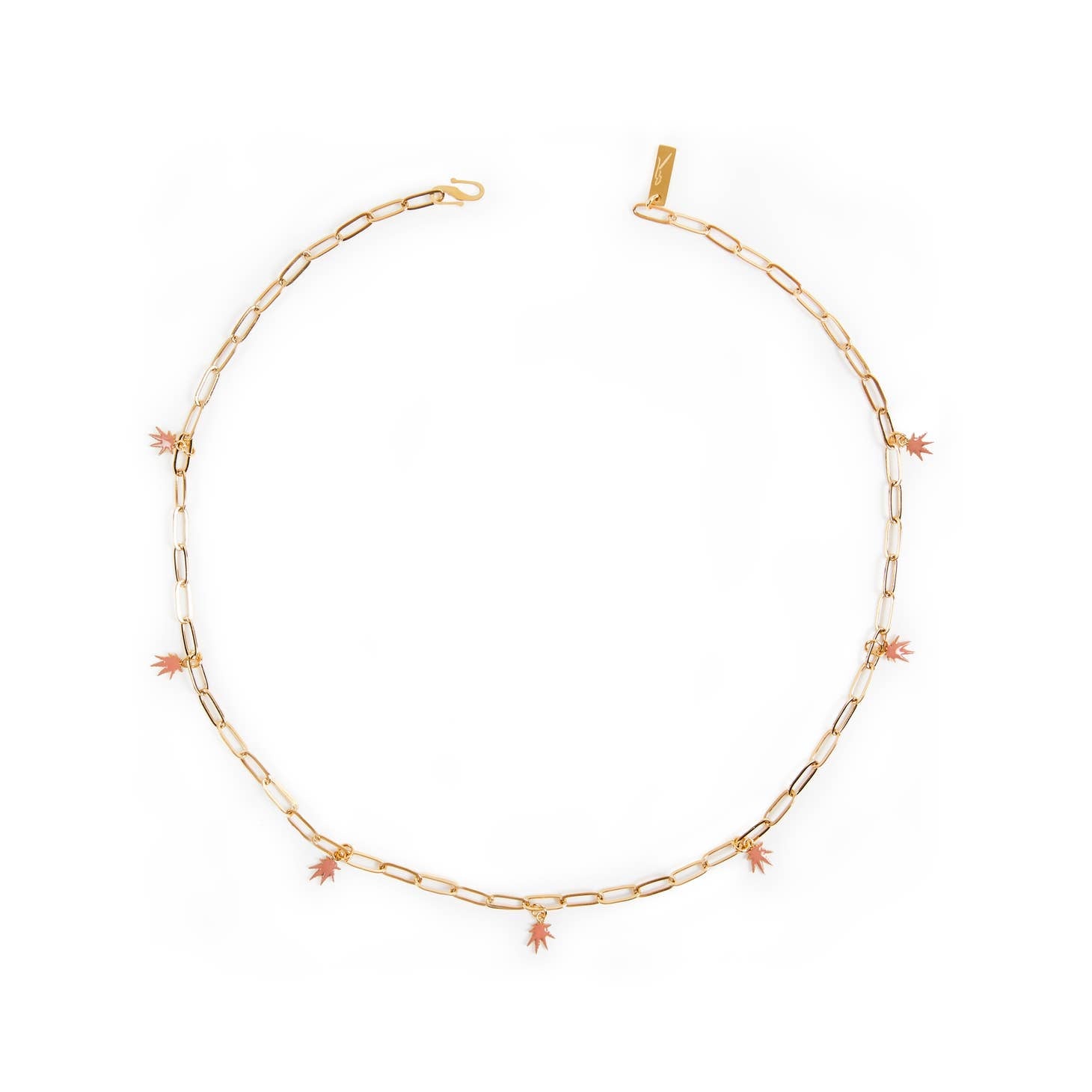 The Frankie Smoke Leaf Charm Necklace is a gold paperclip chain with elongated links, adorned with six small leaf charms. The adjustable necklace is displayed in a circular shape on a white background.