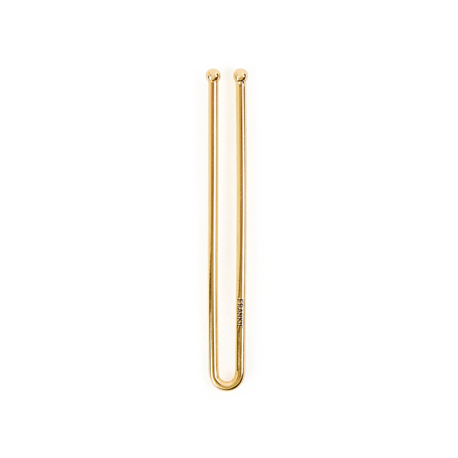 The Frankie Smoke NECKLACE + CLIP SET features a discreet U-shaped gold metal hairpin with small round ends, shown vertically on a white background—perfect for use as a subtle roach clip smoking accessory.