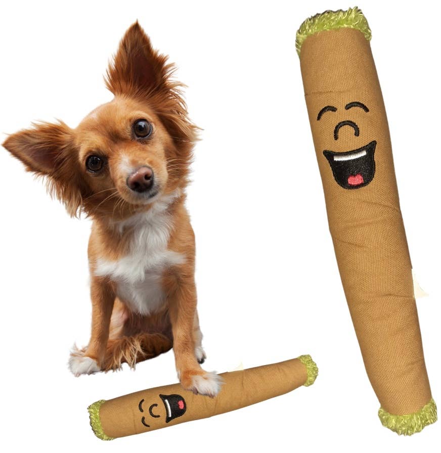 B the Blunt 420 Dog Toy durable canvas with squeaker, smiling blunt design, and playful dog posing with the toy.