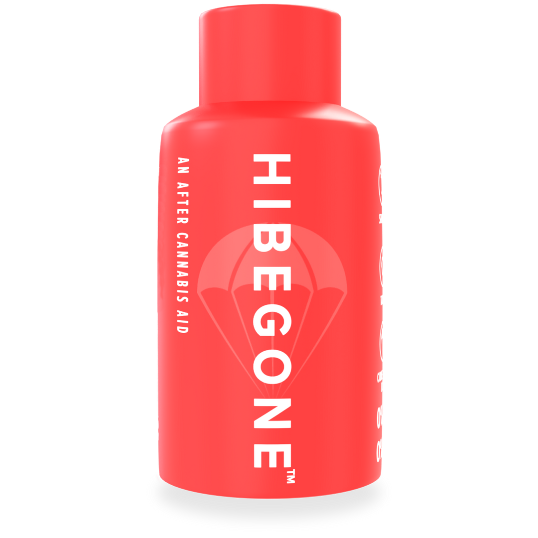 A red HIBEGONE bottle by Hibegone features AN AFTER CANNABIS AID vertically on the side, a parachute graphic in the background, and is designed to relieve cannabis side effects and help you come down.