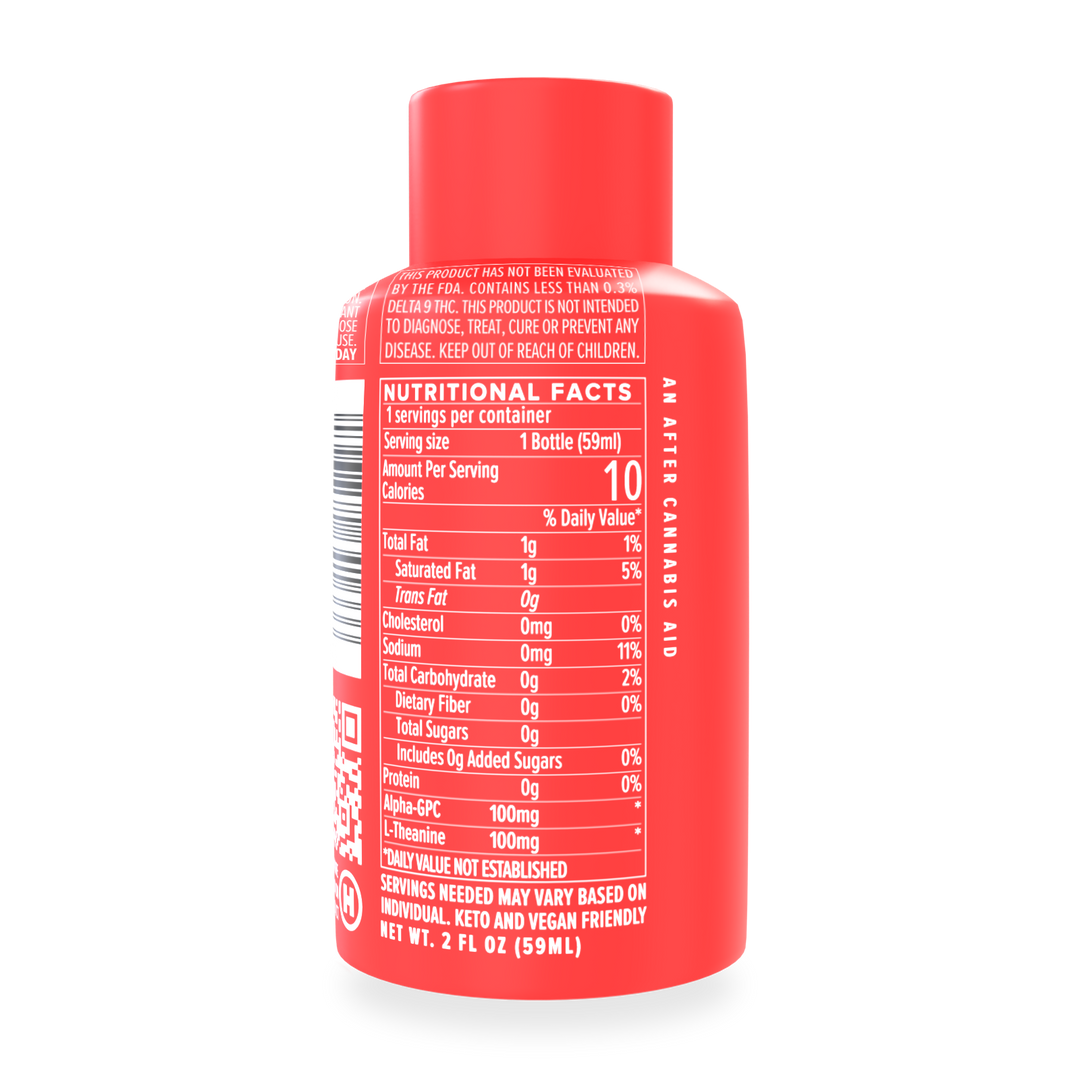 A red 2 fl oz HIBEGONE bottle by Hibegone lists 1 serving (59ml): 10 calories, 1g fat, 0g sugars, 2g carbs, 100mg caffeine, and 1000mg L-theanine—ideal for THC detox or easing a high.