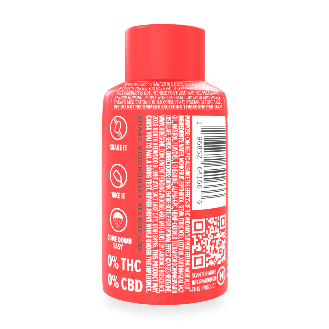 HIBEGONE by Hibegone is a small red bottle labeled with “Shake it,” “Take it,” and “Come down easy.” Designed for THC detox or cannabis relief, its label shows “0% THC” and “0% CBD,” plus a QR code and barcode on the side.