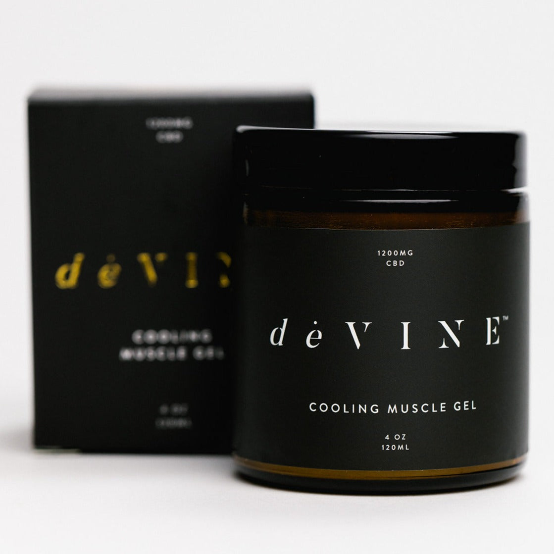 A close-up of a deVINE Cooling Muscle Gel container by DeVINE Wellness, designed for targeted pain relief with the added benefits of CBD.