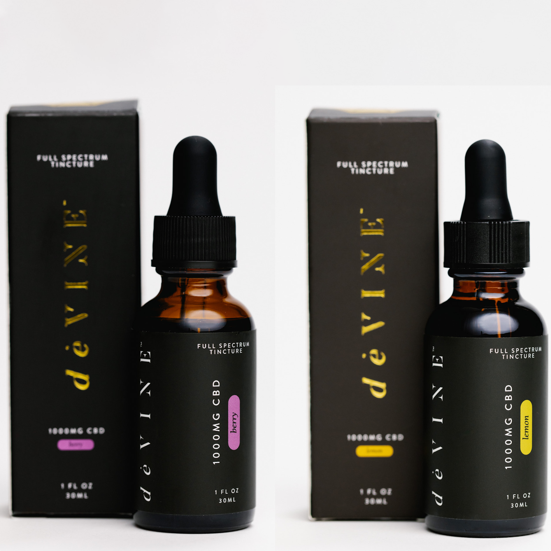 Two boxes and two dropper bottles of DeVINE Wellness 1000mg Full Spectrum Tincture, in “Lemon” with yellow and “Lavender” with purple accents—each 30ml bottle offers organic CBD oil designed for relaxation.