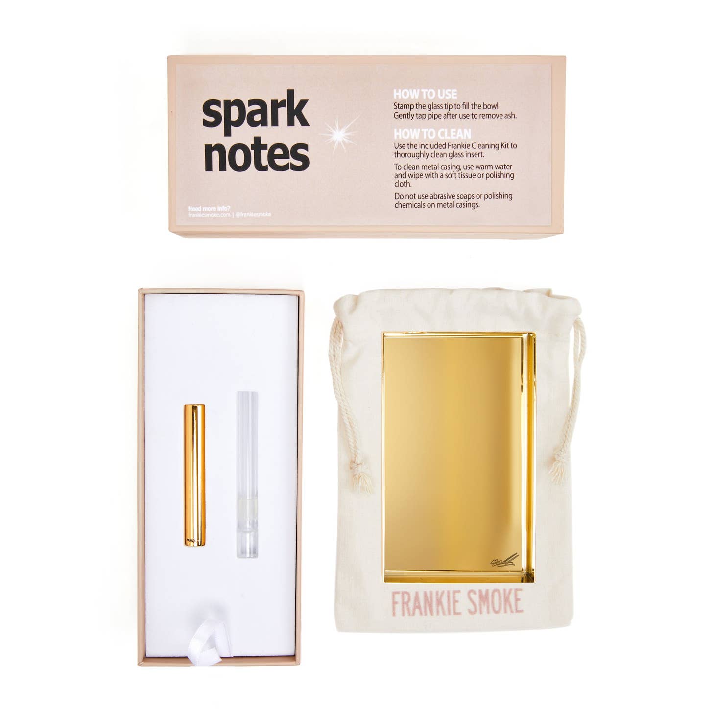 Ashtray + Pipe Set with gold metal ashtray, glass plate, and premium 1-hitter pipe in branded packaging and pouch.