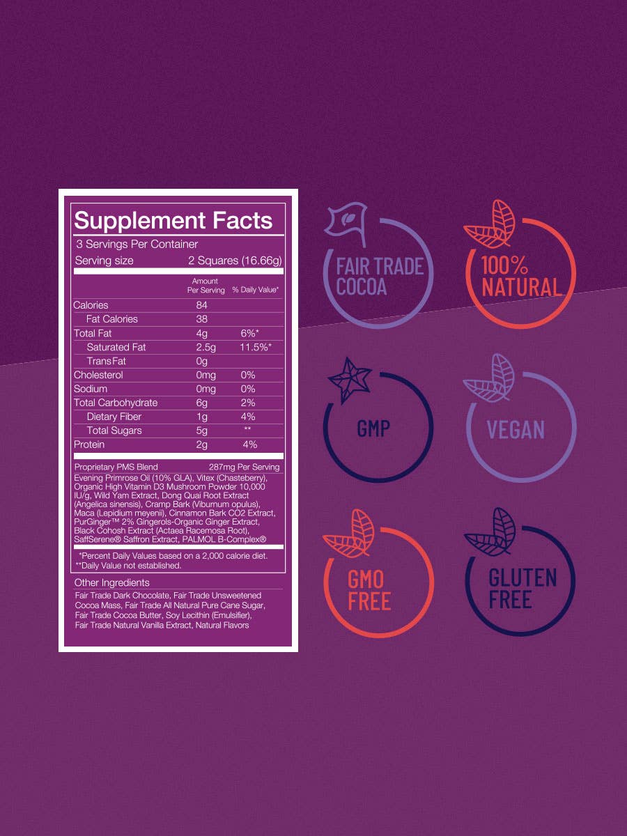 The supplement facts label for Rhythm Chocolate - PMS Formula from The Functional Chocolate Company shows nutrition info and ingredients. Icons right of the label note: Fair Trade Cocoa, 100% Natural, GMP, Vegan, GMO Free, Gluten Free on a purple background.