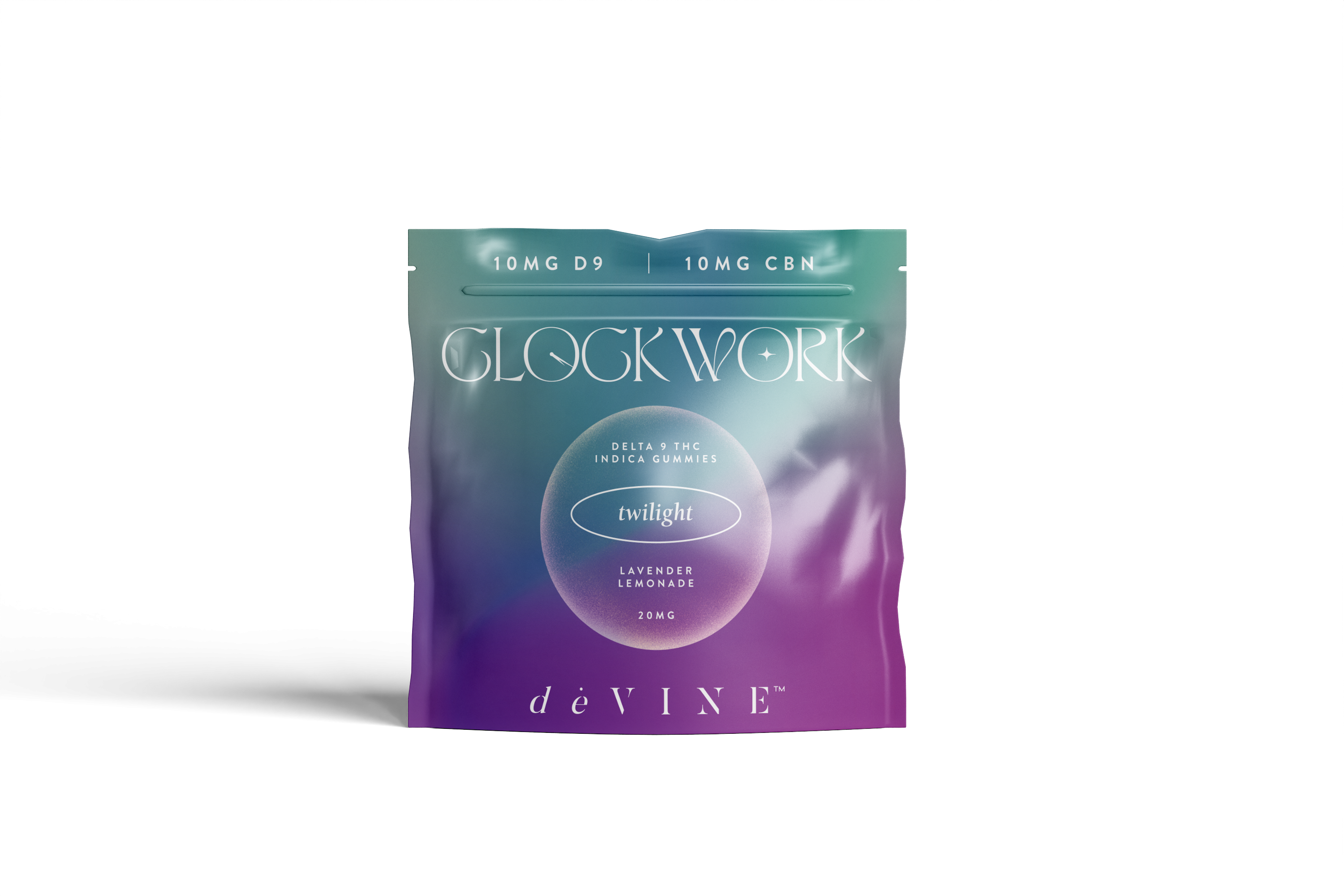 A vibrant blue-to-purple ombré pouch labeled Clockwork-Twilight Indica ∆9 Gummies by DeVINE Wellness contains Delta-9 THC and CBN gummies in Twilight Lavender Lemonade flavor, each with 10mg D9 and 10mg CBN.