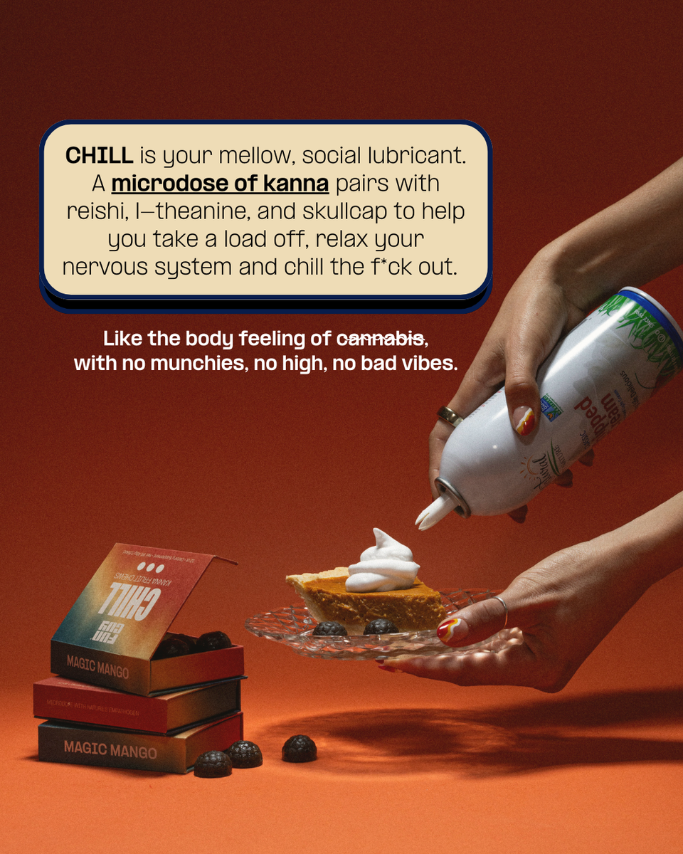 A hand tops a slice of pie with whipped cream against an orange background. Text describes Fun Guy Chill Fruit Chews as a mellow social aid, delivering stress relief and relaxation without the high or munchies of cannabis.