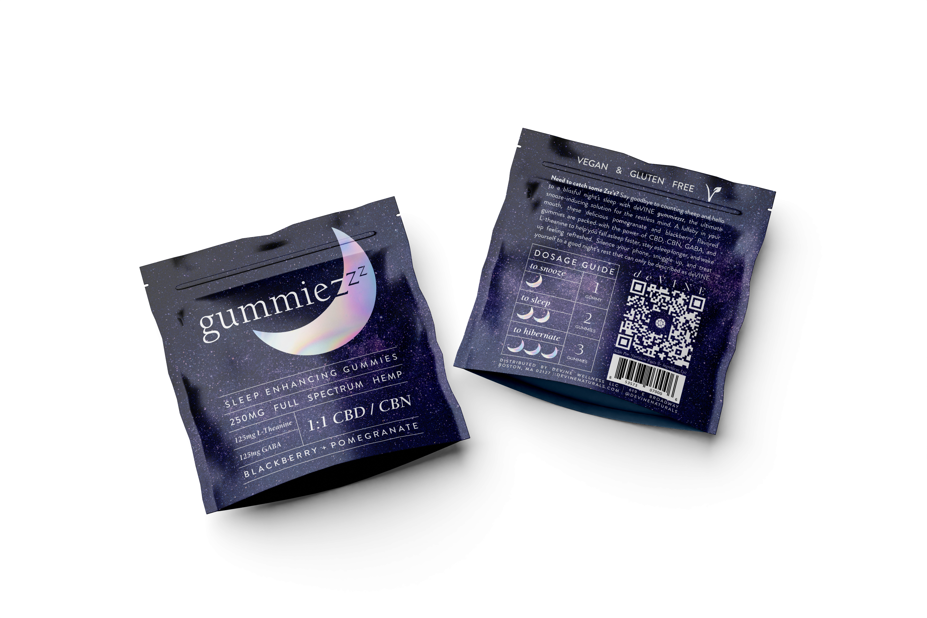 Two dark blue packets of DeVINE Wellness GummieZzz CBD Sleep Gummies with a crescent moon design feature blackberry pomegranate flavor and CBN on the front; the back shows a dosage guide, QR code, and sleep aid information.