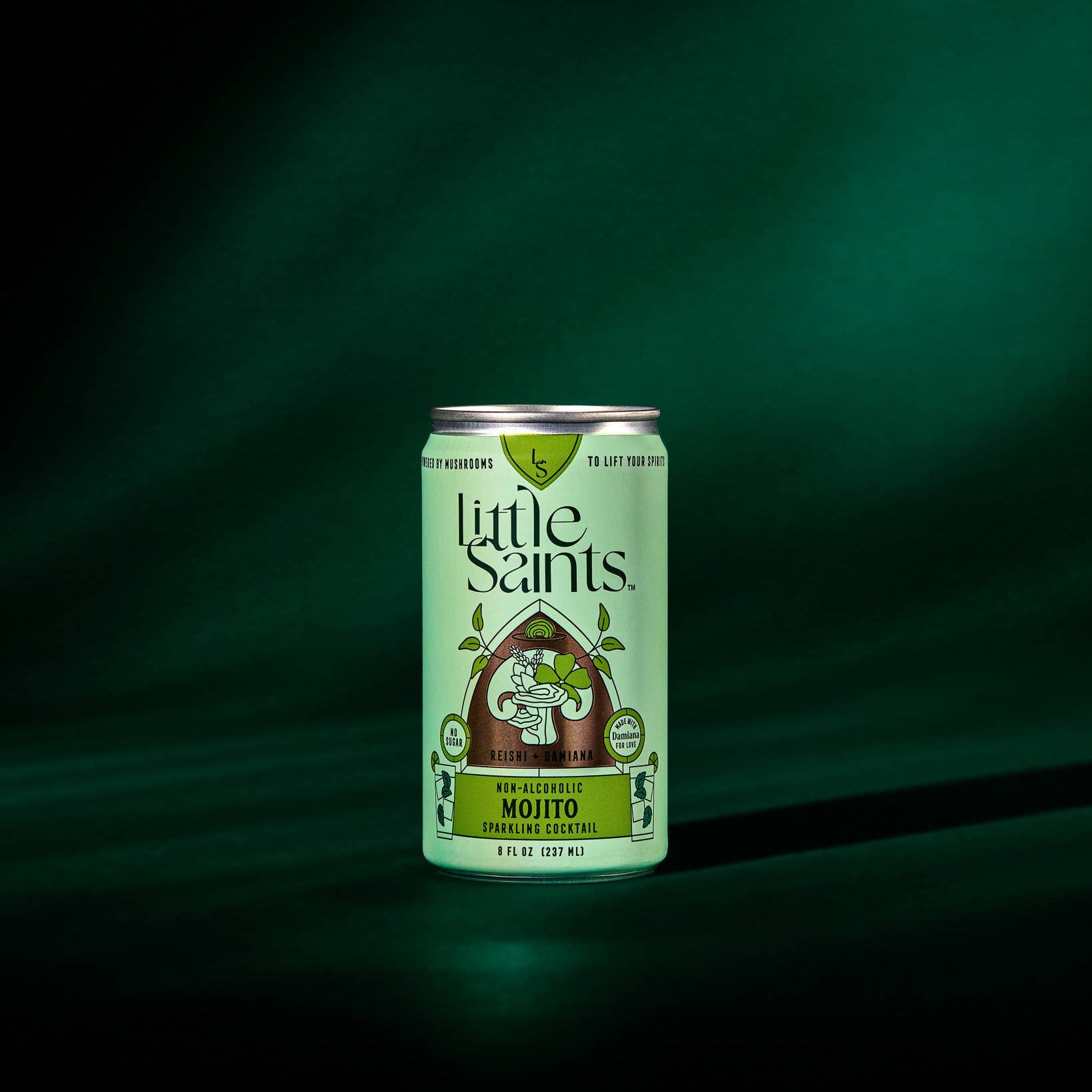 Can of Little Saints Mojito on a dark green background