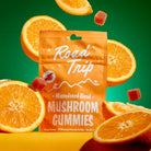 A vibrant green backdrop displays an orange bag labeled “Day Trip Microdosed Gummies” from Road Trip, surrounded by sliced oranges and gummies. The packaging showcases orange flavor, dosage details, Lion’s Mane mushroom, and a vegan formula.