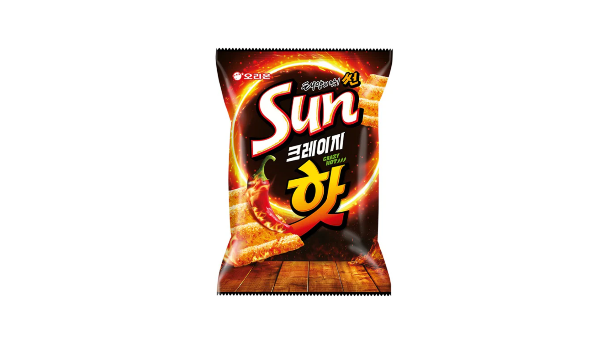 A bag of Exotic Snacks Sunchips Crazy Hot! Flavor, imported from South Korea, with fiery graphics, Korean text, and chili pepper images on a wooden background.