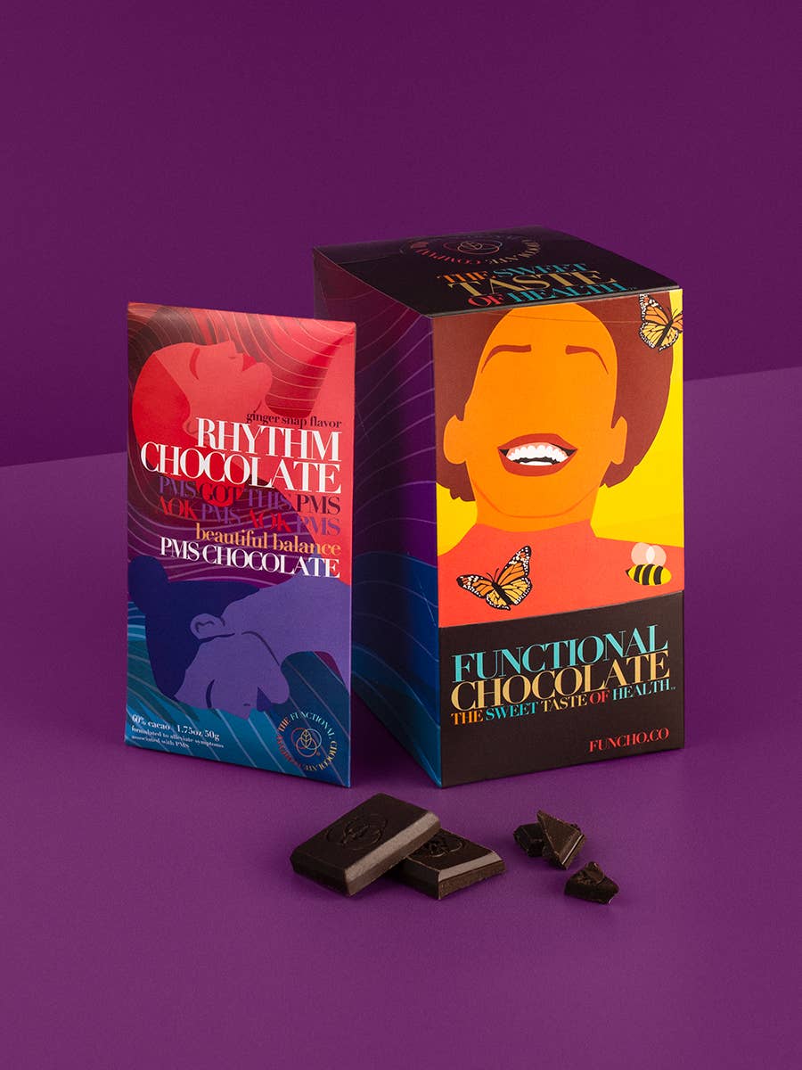 The Functional Chocolate Company’s Rhythm Chocolate - PMS Formula features a vibrant box with a woman’s face, butterflies, bold Functional Chocolate text, and promotes PMS relief with soothing SaffSerene on a striking purple background.