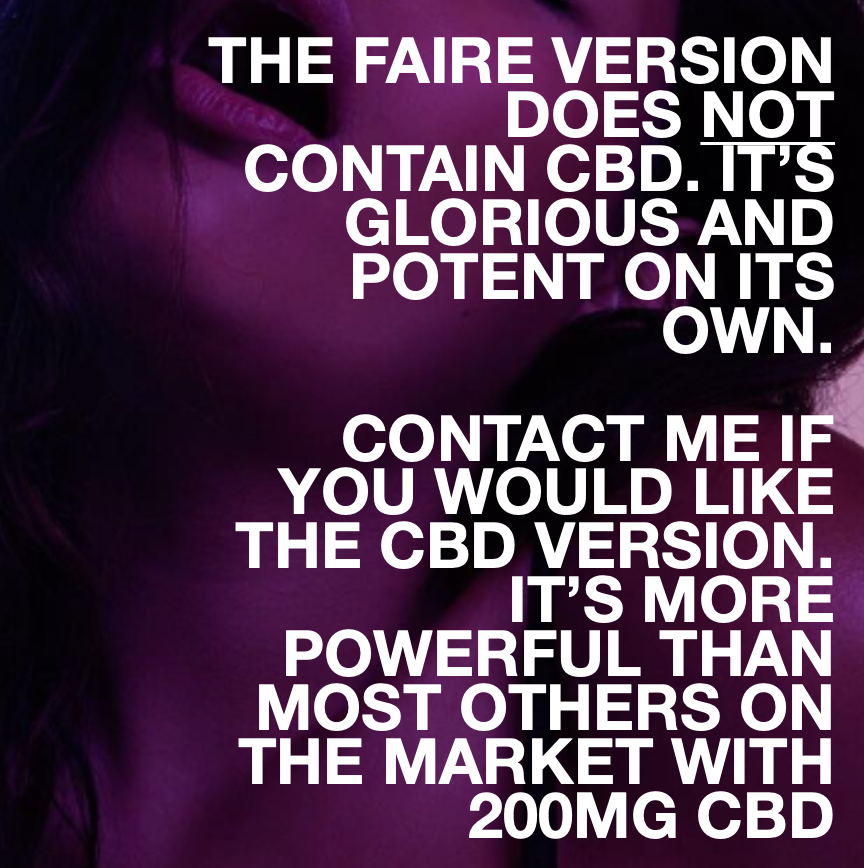 Large white text overlays a dark, purple-tinted image of a womans partial face, promoting Eat Gold Organics’ Big Orgasm Oil—available in non-CBD Faire and 200mg CBD organic versions with damiana leaf. Contact us for more info on this intimacy oil.