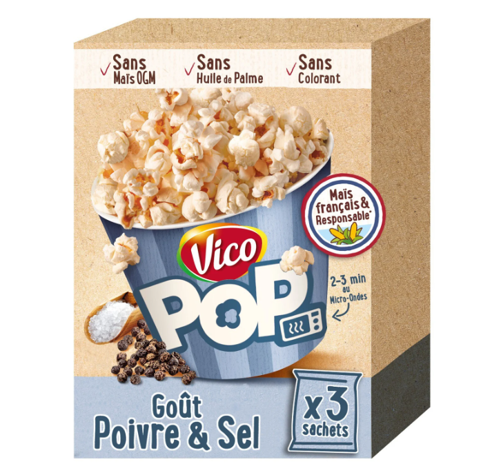 Exotic Snacks Vico Popcorn - Salt & Pepper is made with French maize and comes in a box of 3 sachets. Features images of popcorn, salt, and peppercorns. Contains no GMOs, palm oil, or artificial coloring.