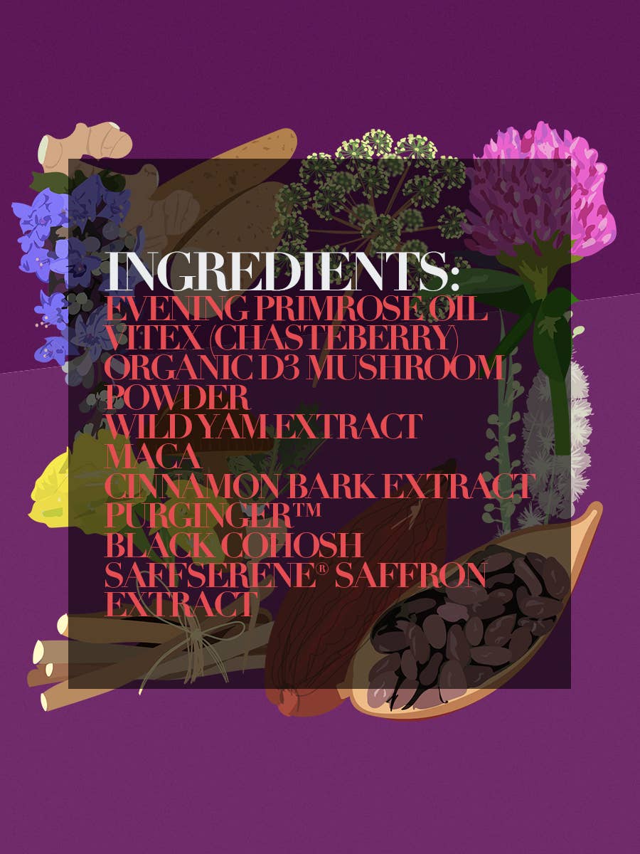 A list of ingredients in Rhythm Chocolate - PMS Formula by The Functional Chocolate Company, including SaffSerene for mood and PMS support, appears over herbal illustrations on a purple background with oils, extracts, powders, and berries in bold red text.