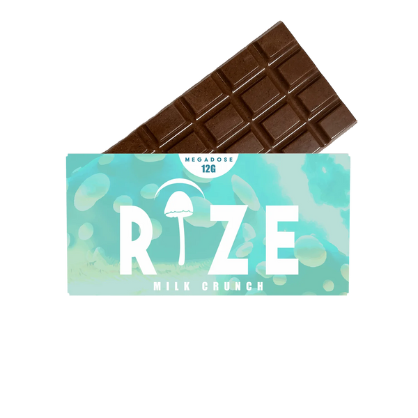A Rize 12G Mushroom Chocolate Bar peeks from its light blue-green Rize packaging labeled Milk Crunch, with a mushroom graphic and MEGADOSE 12G at the top, suggesting a unique psychedelic experience.