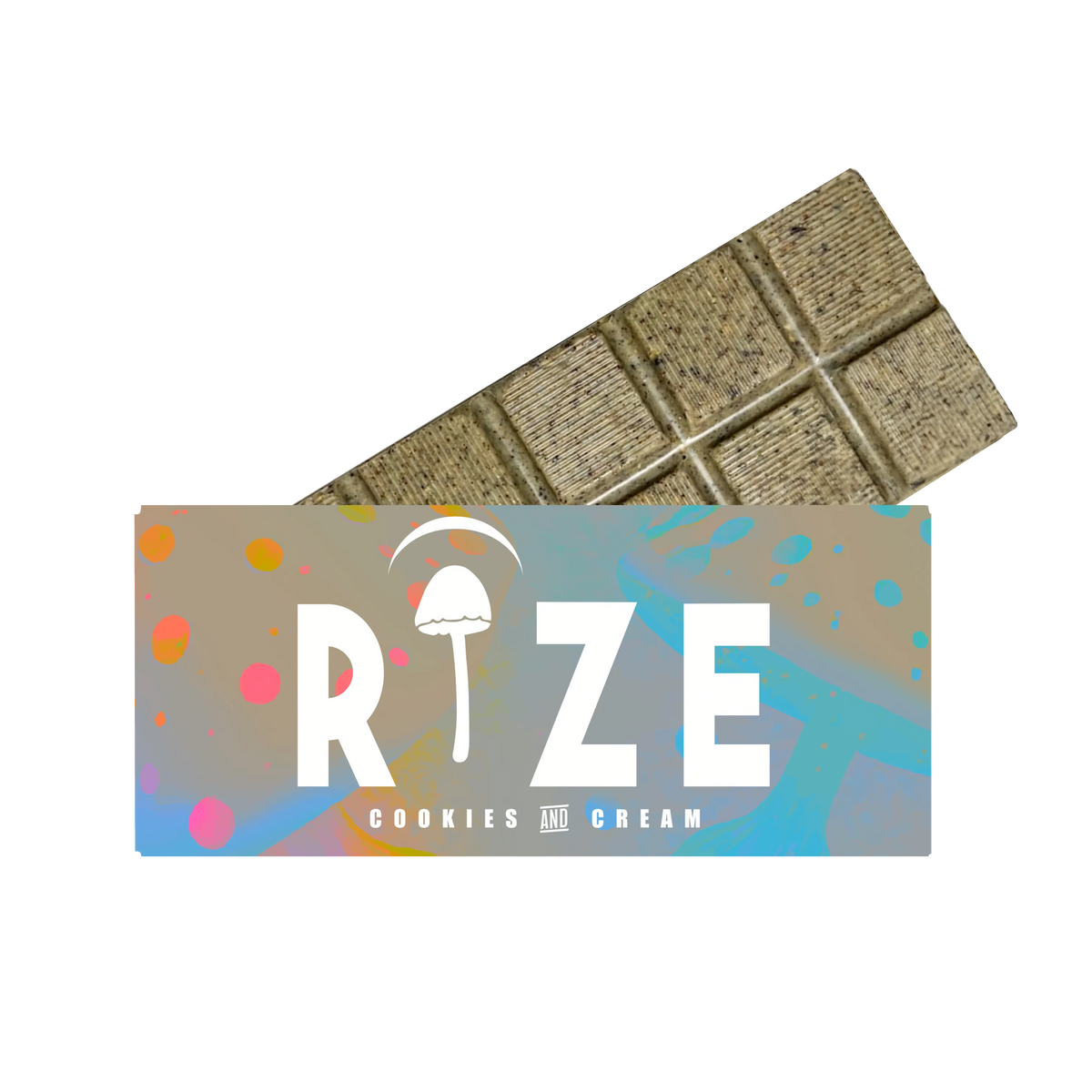 The Rize 5G Mushroom Chocolate Bar, partially wrapped in colorful packaging with a white mushroom above the “I” in RIZE, offers a consistent magic mushroom chocolate experience in every bite.