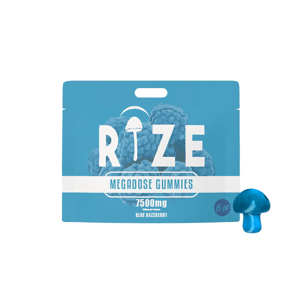 A blue pouch labeled Rize Megadose Gummies by Rize features blue raspberry images and a small blue mushroom-shaped gummy, highlighting these premium-quality gummies.