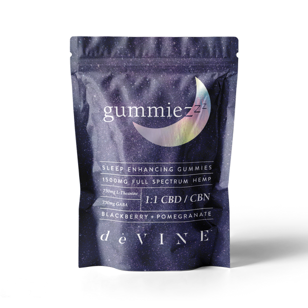A stand-up pouch labeled GummieZzz by DeVINE Wellness, featuring a crescent moon, holds CBD sleep gummies with CBN, GABA, and L-Theanine; available in blackberry and pomegranate flavors for restful sleep support.